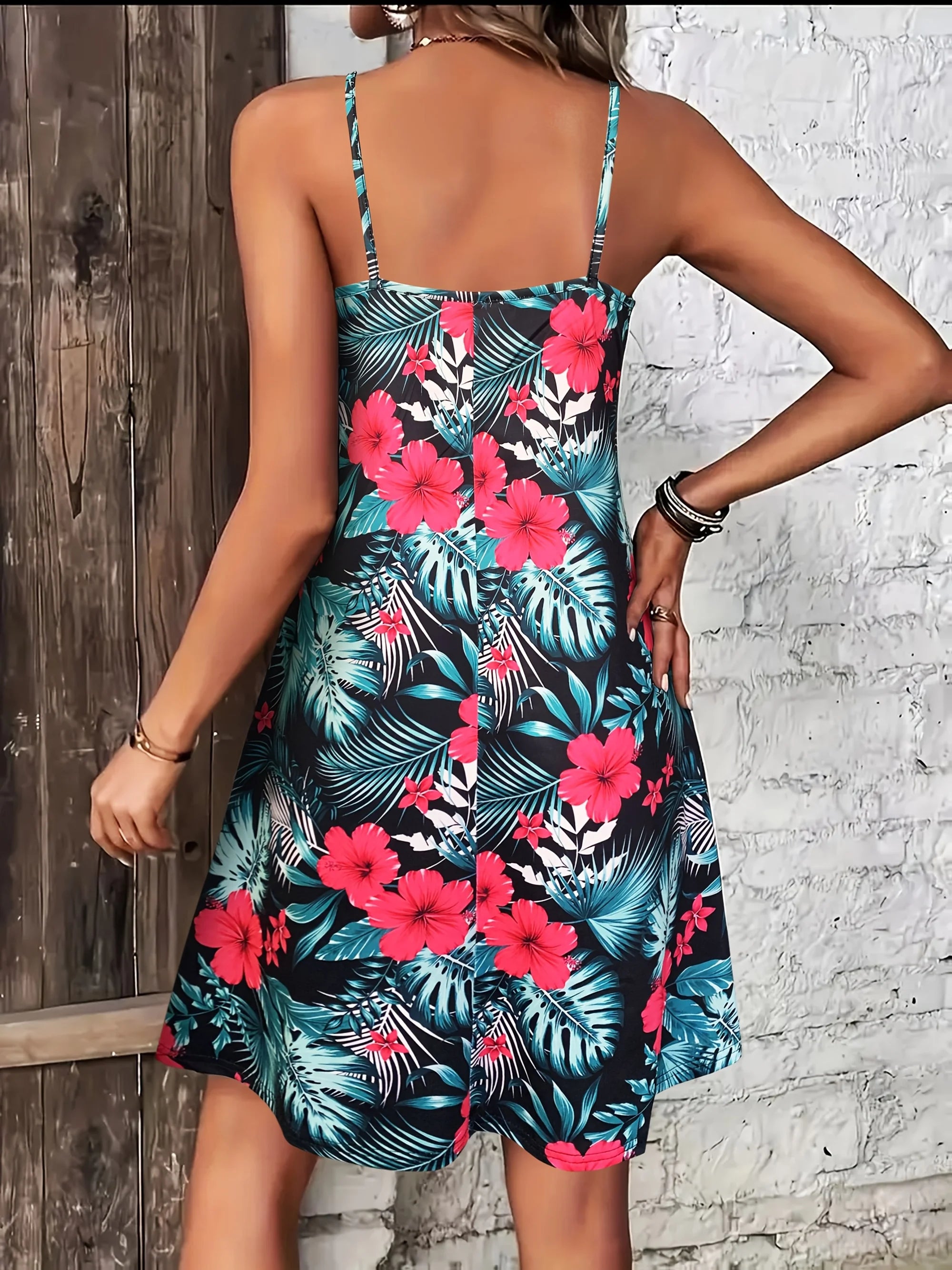 V-neck Spaghetti Strap Print Dress