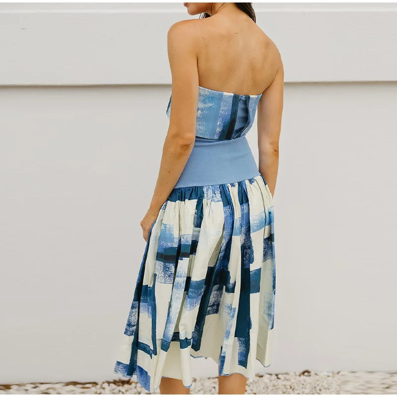 Women's Strapless Open Back Patchwork Long Dress