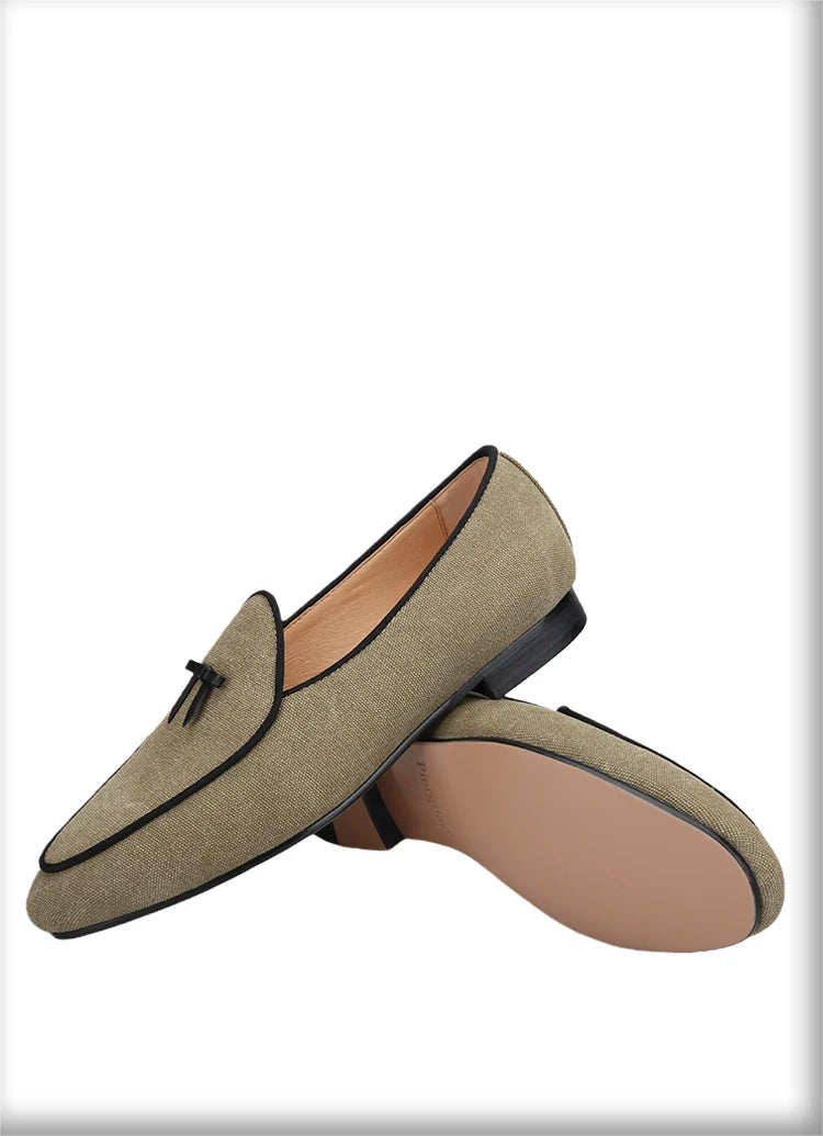 Three Colors Raw Canvas Belgian loafers with Calfskin Bows, Handmade Slip On Classic Mens Smoking Slippers