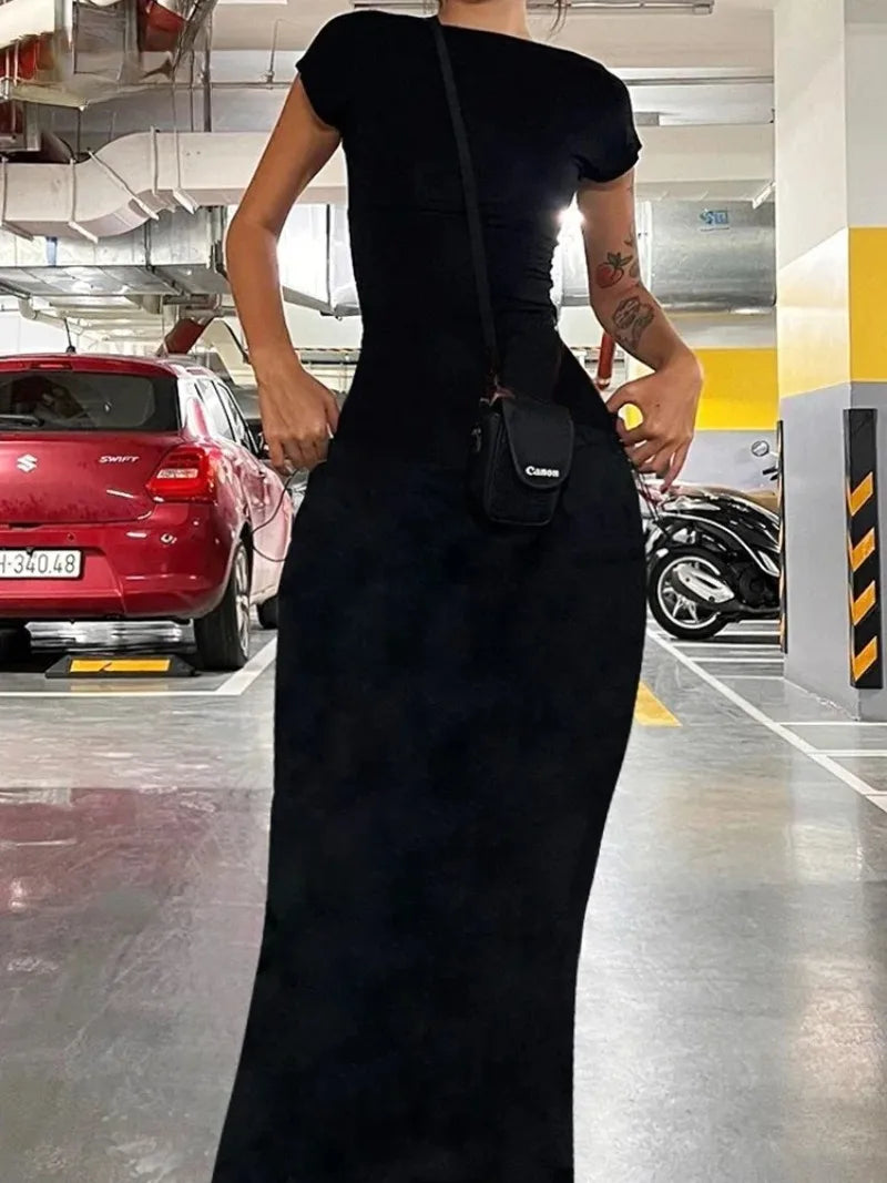 Women's Solid Backless Maxi Dress Elastic Short Sleeve Long Dresses Streetwear Clothing