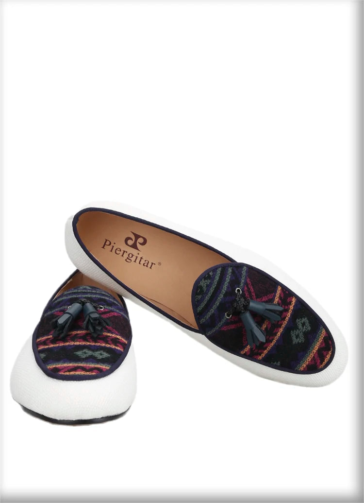 Men's Loafers in Classic Handmade Leather Tassels, Ivory Color Canvas Mix Ethnic Style Cotton