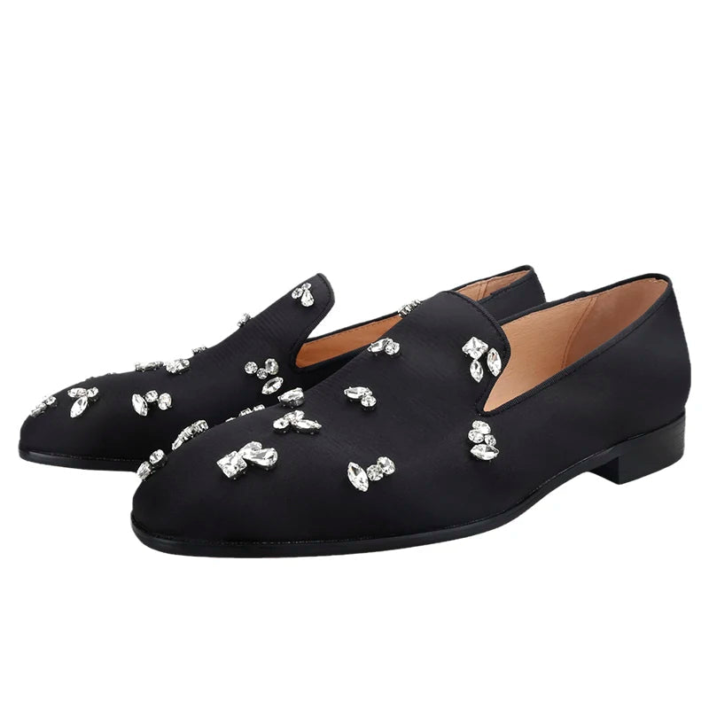 The same design red outsole moccasins with a smooth black crepe satin men's loafer.