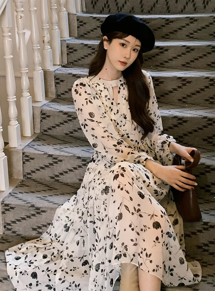 Floral Midi Dress Women Sweet A-Line Long Sleeve Hollow Out Dress Elegant High Waist Casual Long Dress Daily or Vacation Outfits