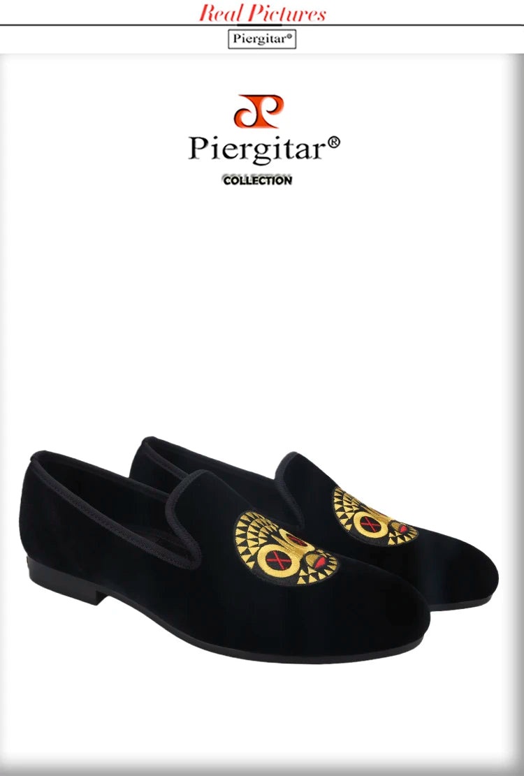 Piergitar New Arrival Black Velvet Men's Loafers Handmade African Tribal Embroidery Man Smoking Slippers For Pary And Wedding