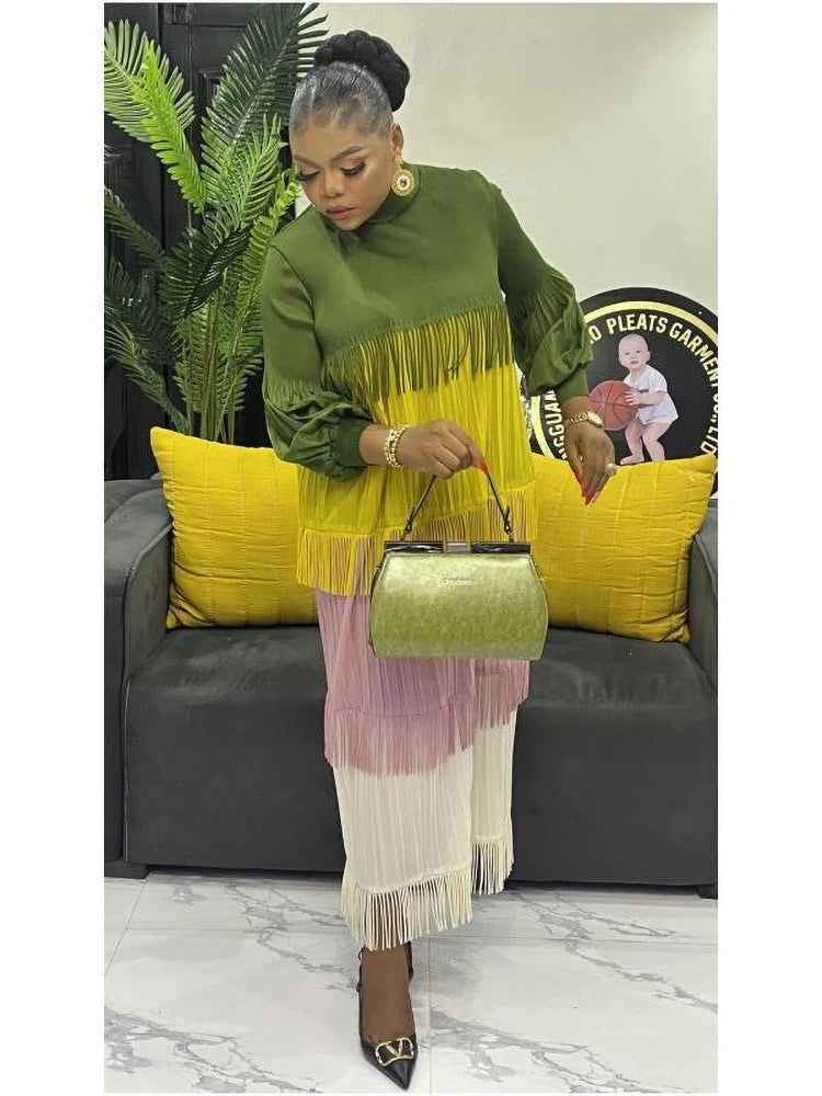 Women's Pleated Puff Sleeve Tassel Dress