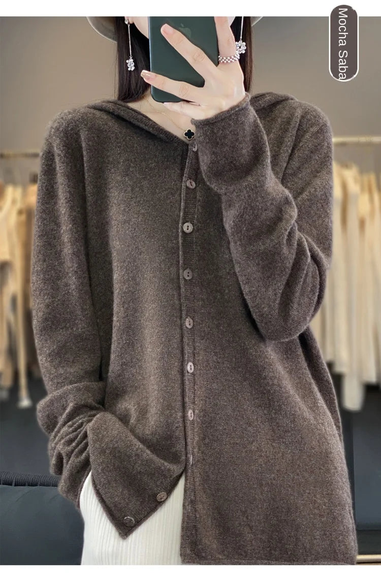 First Line 100% Merino Wool Knitted Cardigan Women's Autumn And Winter Hoodie Loose Sweater Fashionable Versatile Coat Top YC014