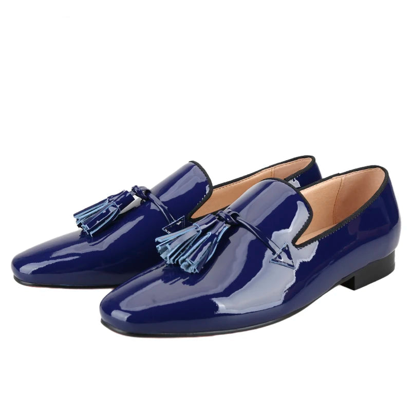 2024 New Model Royal Blue & Black Patent Leather Mens Tassels Shoe for Fashion Party Handmade Slip On Loafers