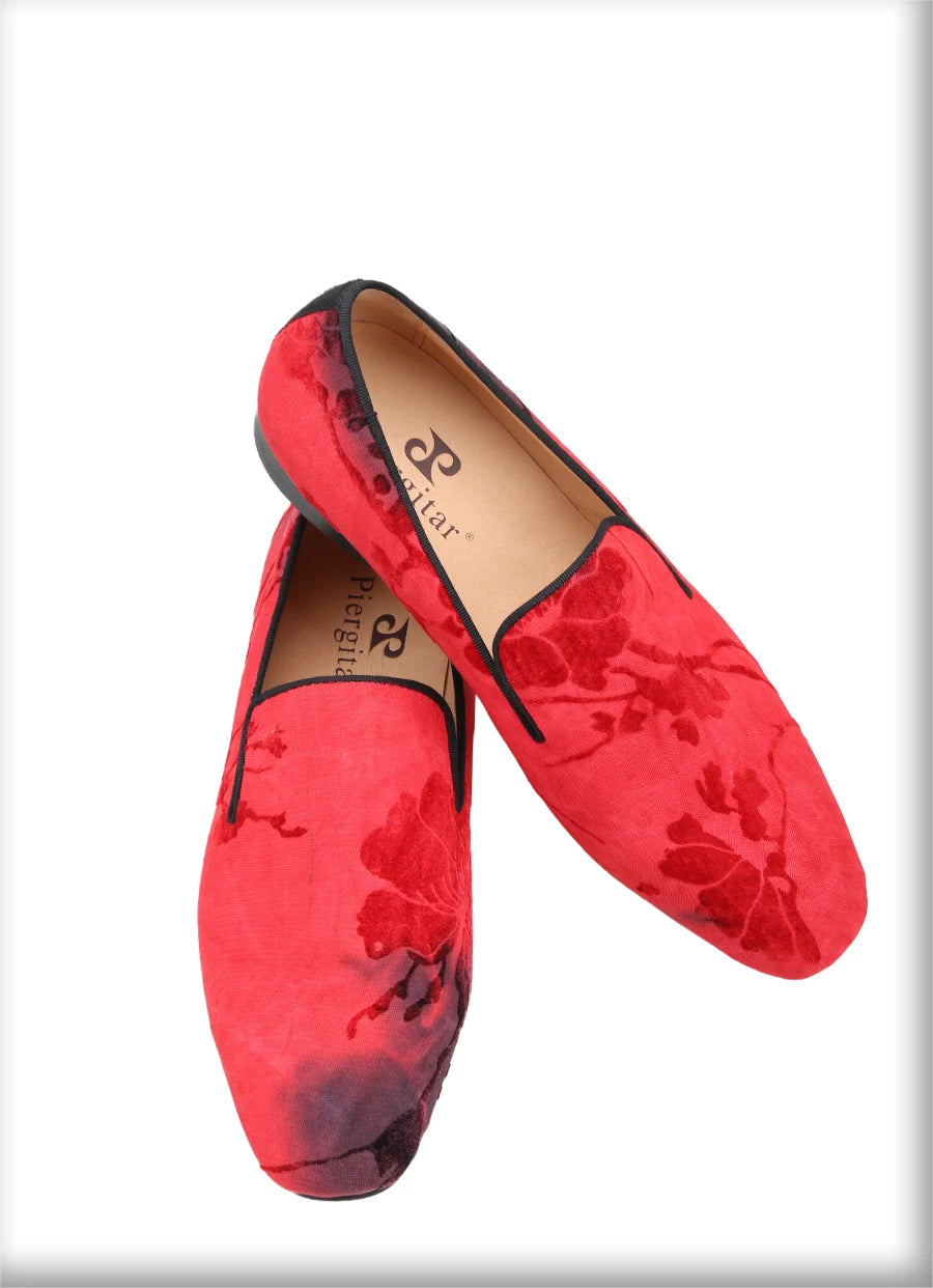 Men's Moccasins with Classic Bright Red Outsole and Three Colors of Flocking Jacquard Tie-Dyed Cottons