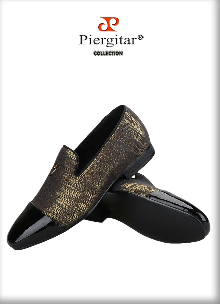 Piergitar 2023 New Three Colors Striped Silk Men's Loafers With Front Patent Leather Handmade Moccasins For Party And Banquet