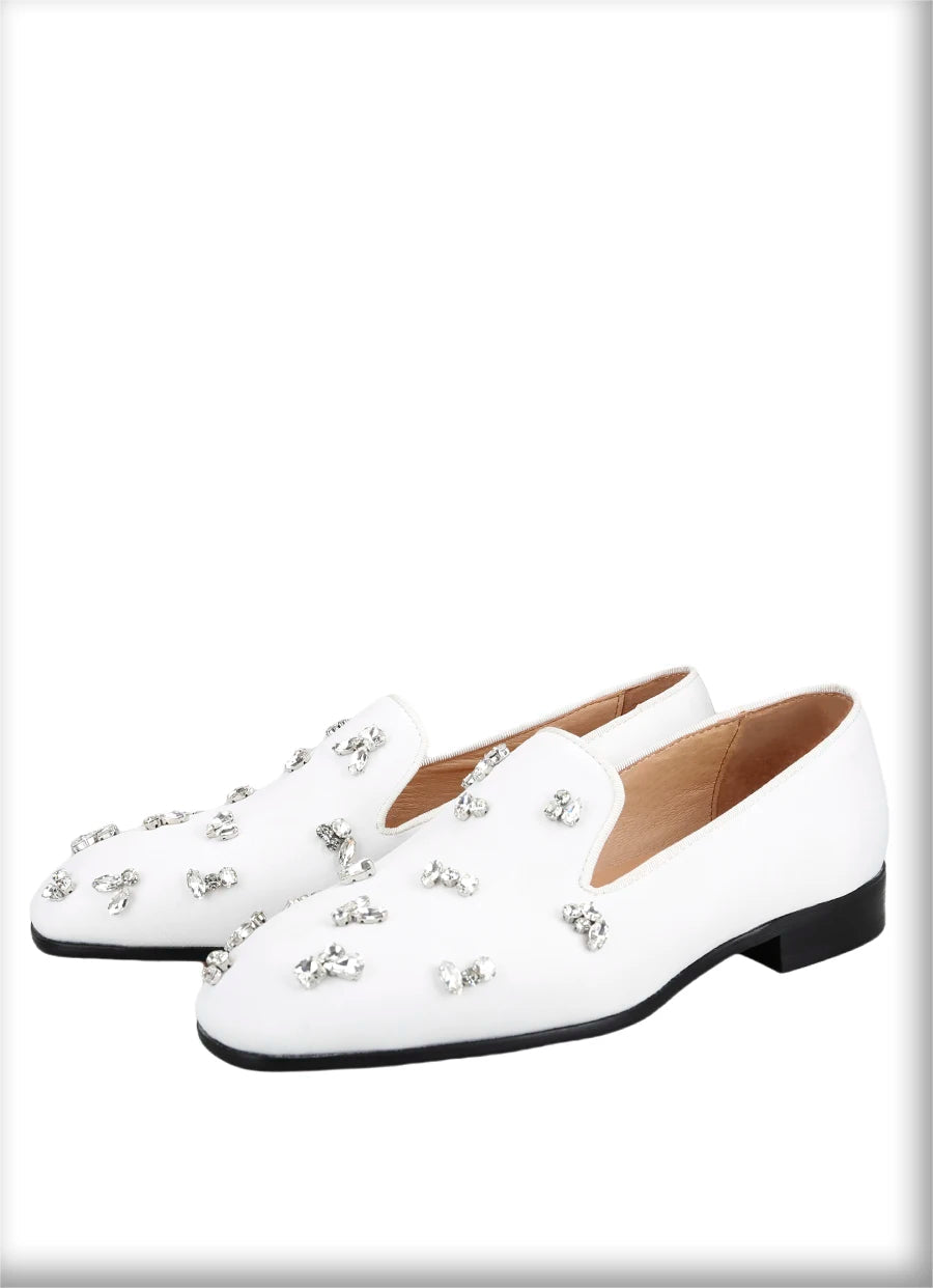 The same design red outsole moccasins with a smooth black crepe satin men's loafer.
