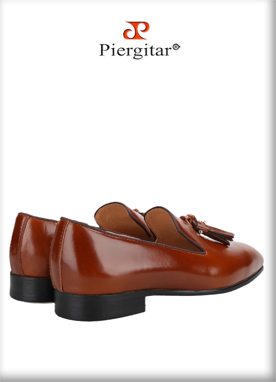 Piergitar Patinated Calf Leather Iconic Dandelion Loafers With Tassels Featuring Metal Spikes CL Brand Same Model Men Moccasins