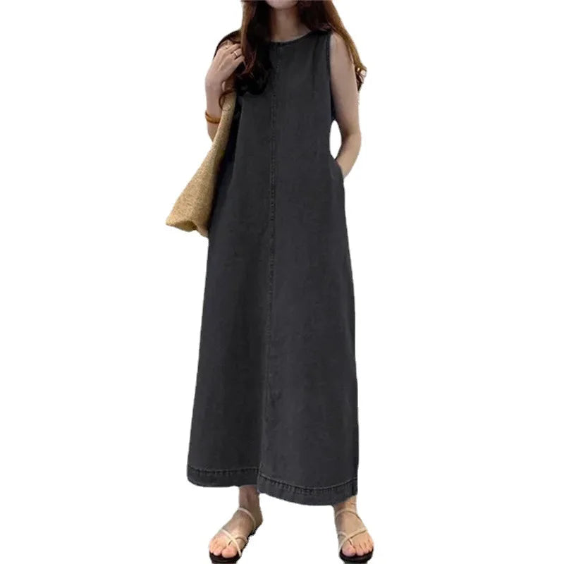 Women's Sleeveless Denim Long Dress Fashionable Round Neck Sleeveless Pocket Denim Skirt Loose Vest Denim Long Dress