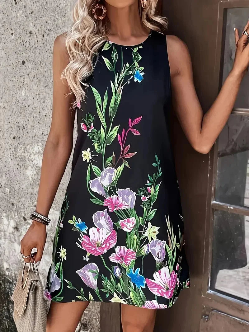 Floral Pattern Printed Round Neck Sleeveless Dress