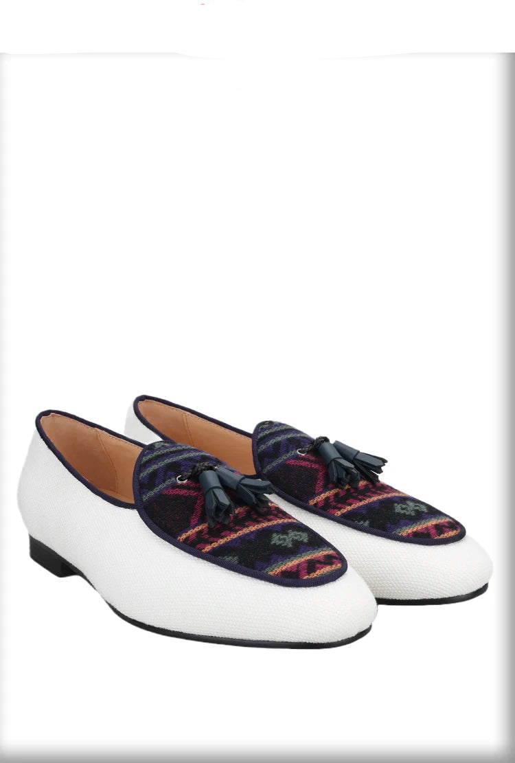 Men's Loafers in Classic Handmade Leather Tassels, Ivory Color Canvas Mix Ethnic Style Cotton