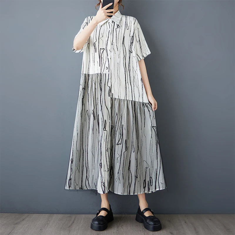 Stripe Print Mid Length Buttoned Midi Dress