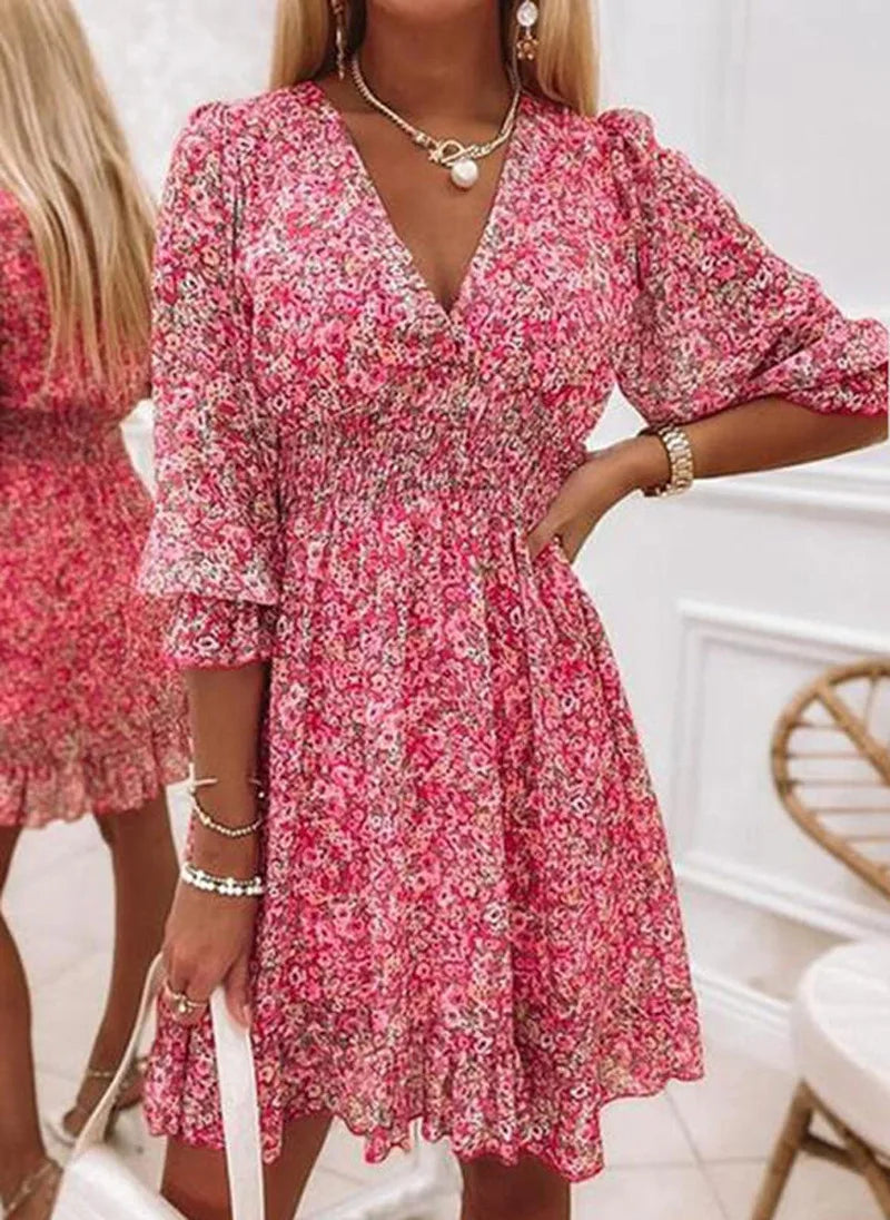 New Mid length Dress Waist Pullover Bohemian Printed Short Sleeve Fragmented Flower Dress