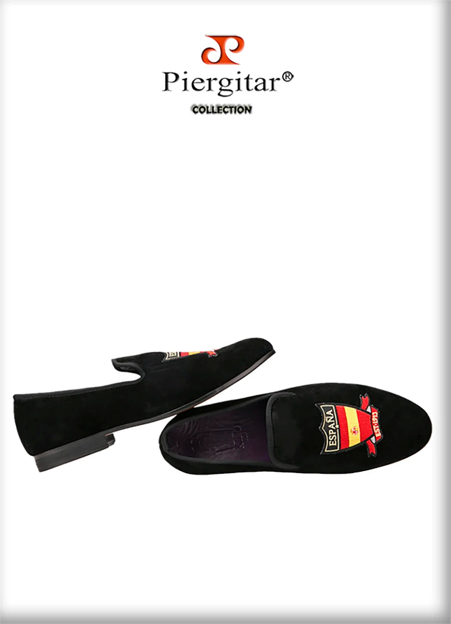 Piergitar Handmade Embroidery Of Four Powerful Football Countries Black Velvet Men Loafers Genuine Leather InSoles And Outsoles