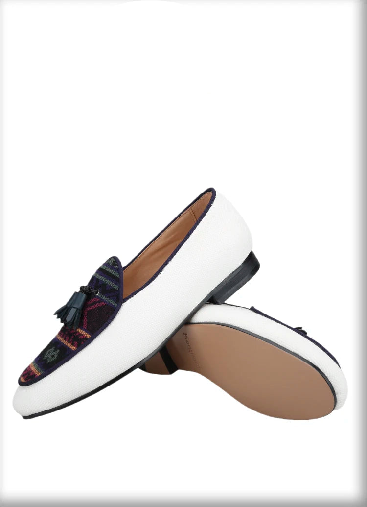 Men's Loafers in Classic Handmade Leather Tassels, Ivory Color Canvas Mix Ethnic Style Cotton