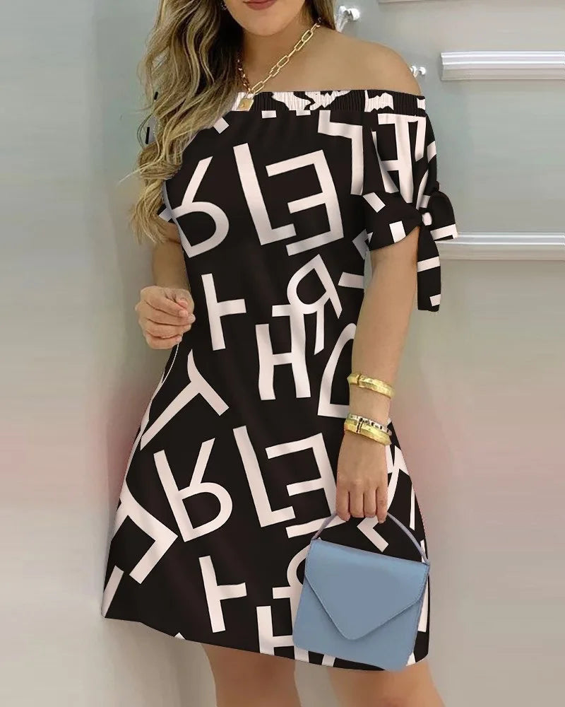 3XL Women's Casual Gradient Off Shoulder Short Sleeve Dress Bow Print Mini Dress
