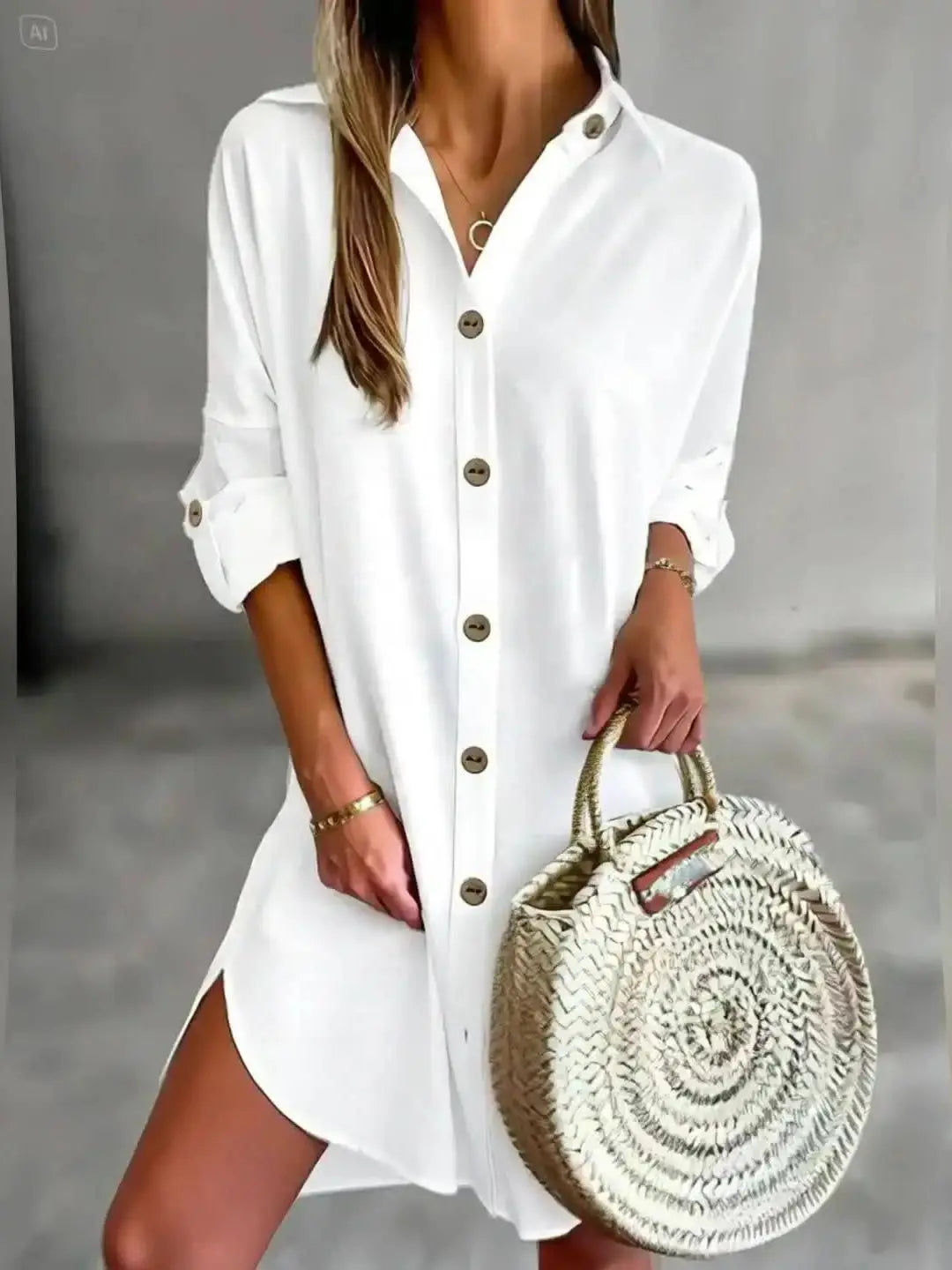 Fashion casual long sleeve lapel button down shirt dress for women