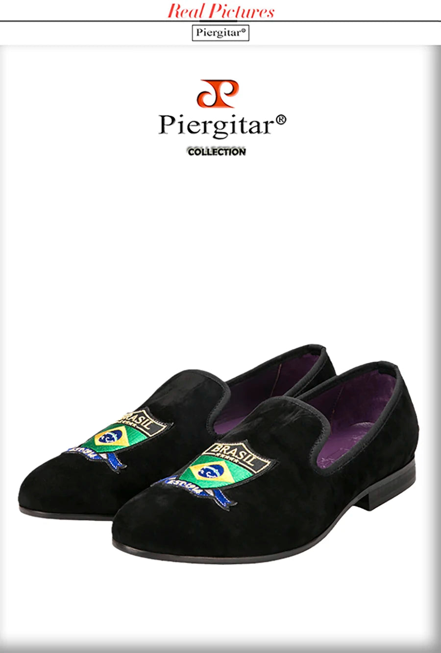 Piergitar Handmade Embroidery Of Four Powerful Football Countries Black Velvet Men Loafers Genuine Leather InSoles And Outsoles