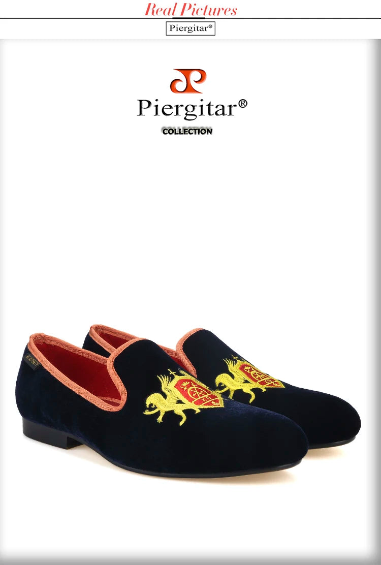 Piergitar British Style Embroidery Navy Velvet Shoes With Gold Outsole Handmade Men Loafers Slip-On Smoking Slippers For Party