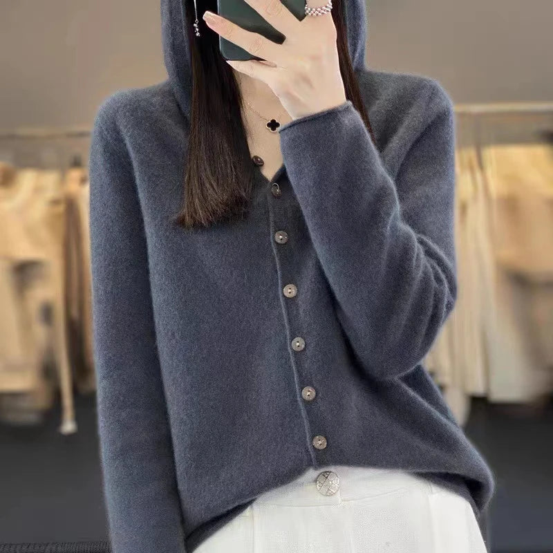 First Line 100% Merino Wool Knitted Cardigan Women's Autumn And Winter Hoodie Loose Sweater Fashionable Versatile Coat Top YC014