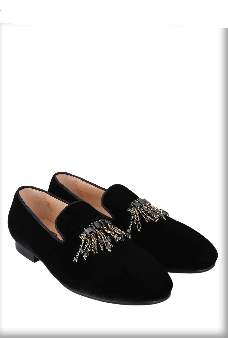 Black Color Men's Velvet Shoes for Weddings and Parties with Handmade Rhinestones Buckle