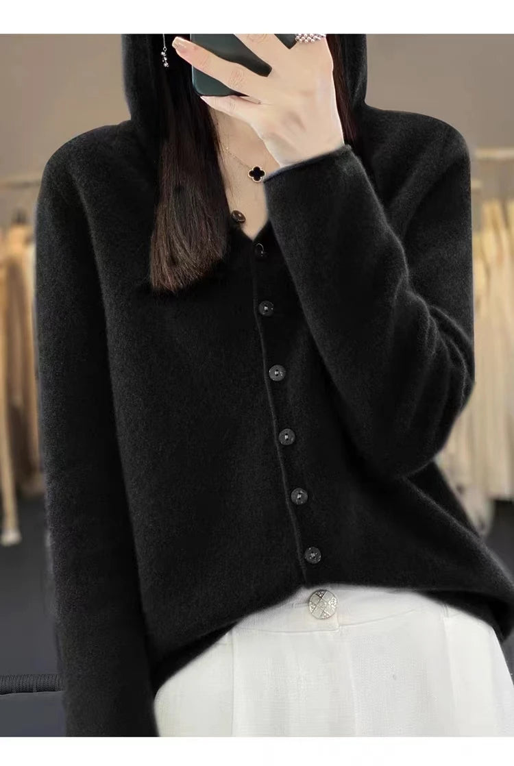 First Line 100% Merino Wool Knitted Cardigan Women's Autumn And Winter Hoodie Loose Sweater Fashionable Versatile Coat Top YC014