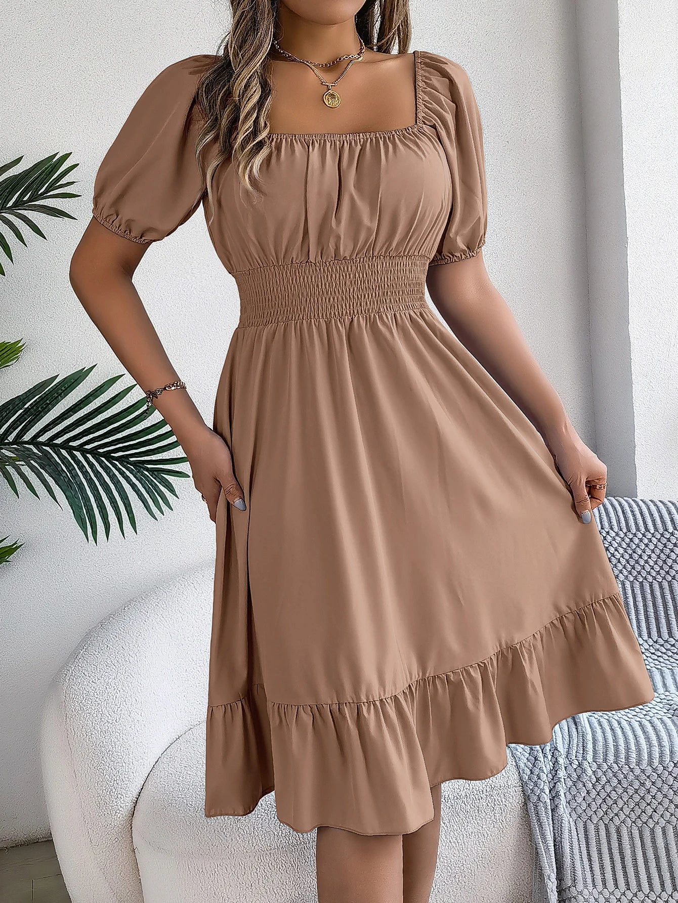 2024 New Fashion Solid Puff Sleeve Square Neck Ruched Bust Ruffle Hem Wasit Dress, Women's Clothing