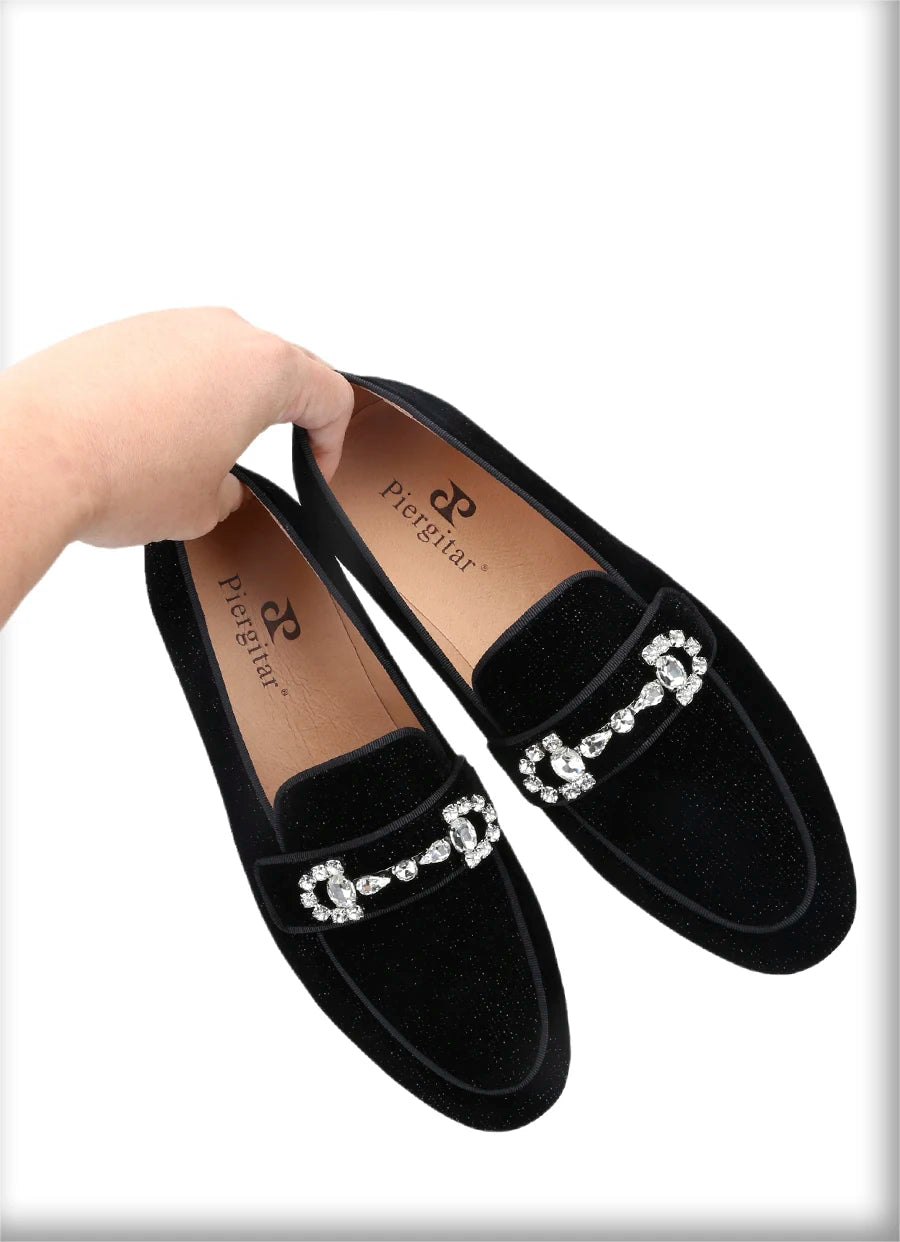 Black Velvet Loafers For Men With Crystal Rhinestone Horsebit Embellishments