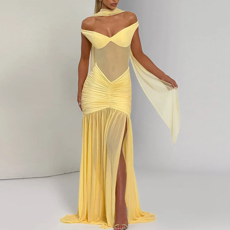 V-Neck Off Shoulder High Side Split Dress