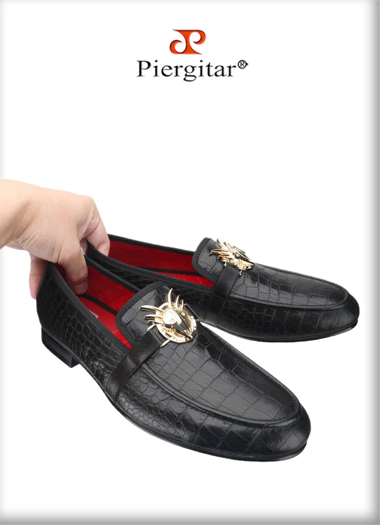 Piergitar Black Cow Leather Men Smoking Slippers Fashion Metal Buckle Handmade Slip-On Loafers For Wedding And Party Plus Size