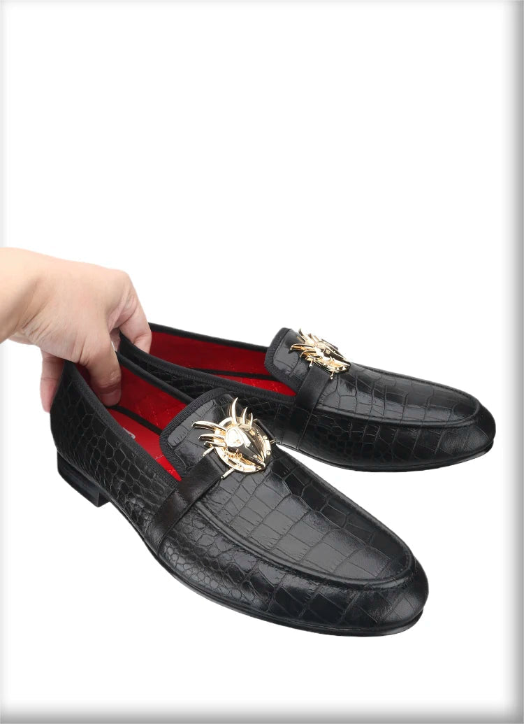 Black Cow Leather Men Smoking Loafers Fashion Metal Buckle Handmade Slide-On Loafers Wedding And Party Plus size