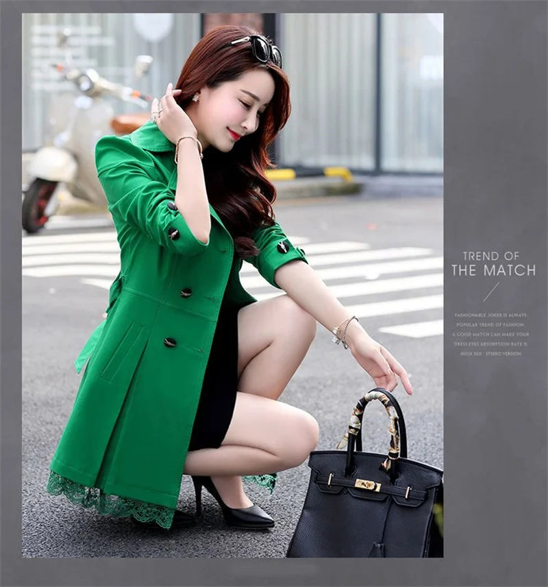2025Spring Autumn New Windbreaker Coat Women Fashion Slim Mid Long Lace Trench Coat Female Casual Double-breasted Outerwear Tops