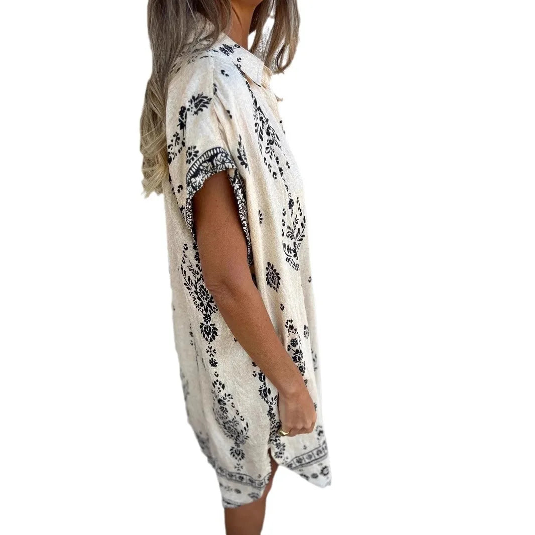 2025 New Women's Shirt Dress Loose Button Cardigan Fashion Printed Short Sleeve Pocket Cotton Linen Blend Vacation Beach Skirt