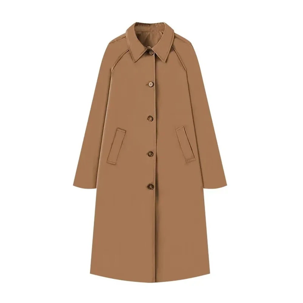 TRAF Women's Fashion Long Trench Coat Retro Loose Single-breasted Coat Autumn and Winter Lapel High Street Temperament Coat