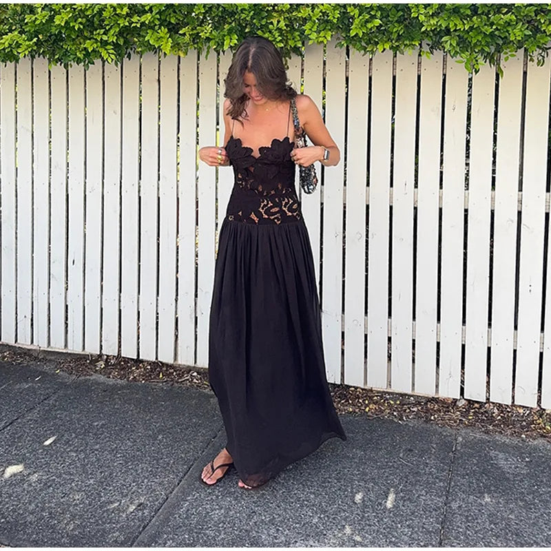 Women's Sleeveless High Waist Pleated Hollow Lace Dress