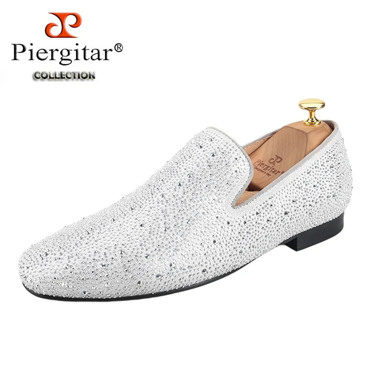 Piergitar Sliver Genuine Leather Men's Loafers With Handmade Bright And Shiny Rhinestones For Fashion Party/Banquet Red Bottom