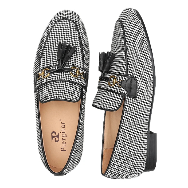 2023 Black And White Houndstooth Wool Slippers with Leather Tassels and Metal Horsebits for Men's Loafers