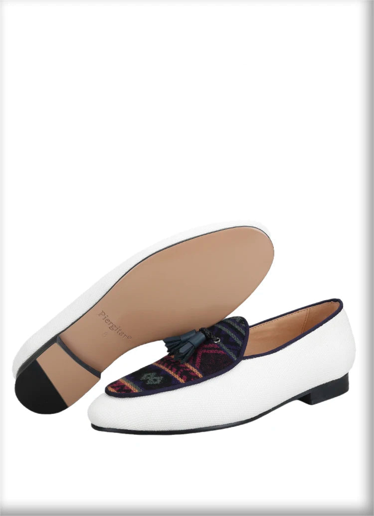 Men's Loafers in Classic Handmade Leather Tassels, Ivory Color Canvas Mix Ethnic Style Cotton