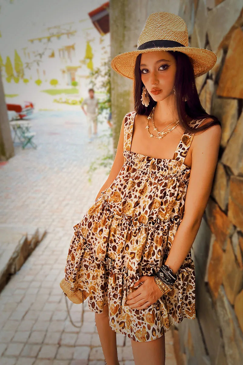 Summer Print Spaghetti Strap Dress Women's Dress Backless Long Camisole Dress Knee-Length Skirt Y2K 2025 New DABUWAWA DM2BDR002