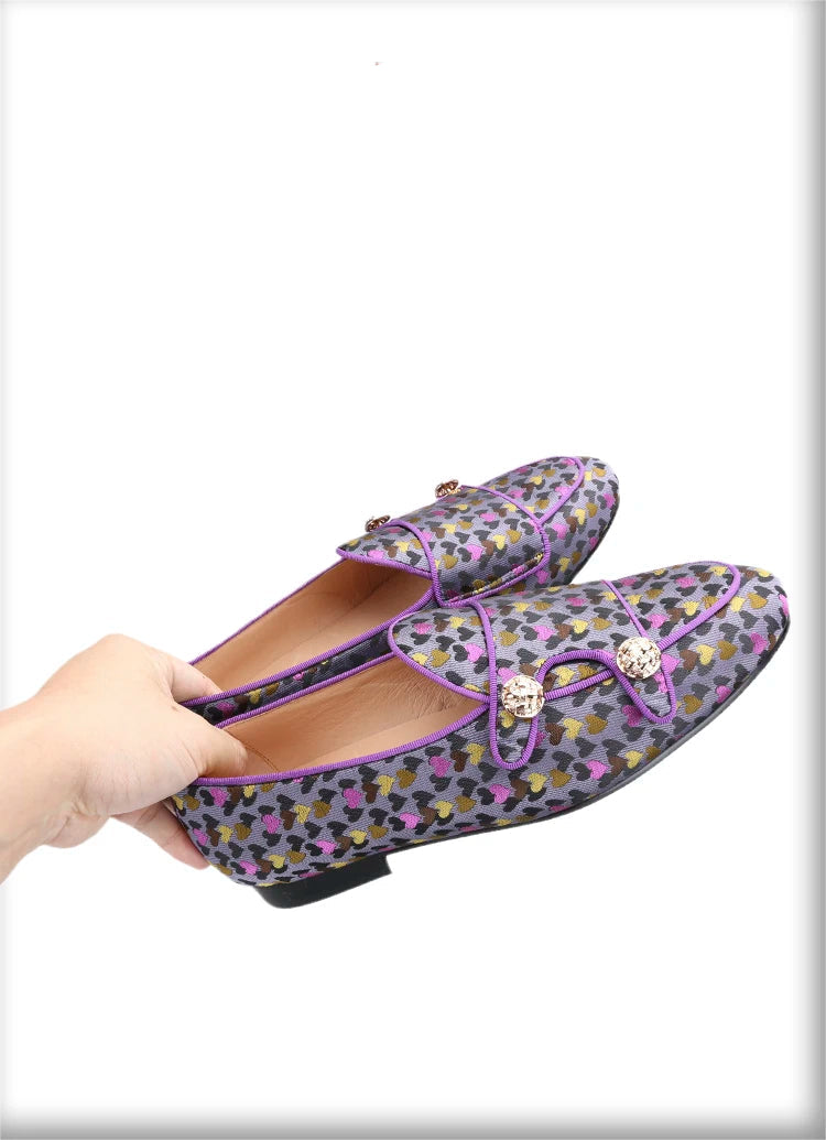 Men's slip-on monk shoes with gold buttons and a violet color silk heart jacquard, made by hand.