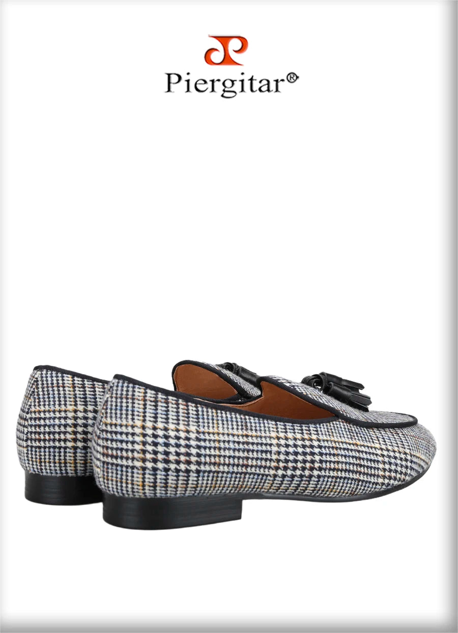 Piergitar Gray Color Gingham Cotton Men's Loafers With Leather Tassels Fashion Party Handmade Smoking Slippers Slip-On Flats