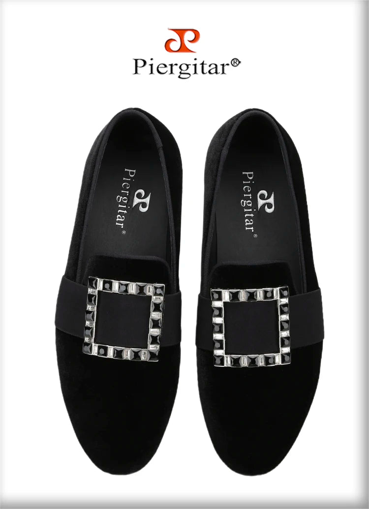 Piergitar Black And Silver Rhinestones Square Buckles Men Velvet Shoes For Wedding Or Party Handmade Slip-On Loafers Plus Size