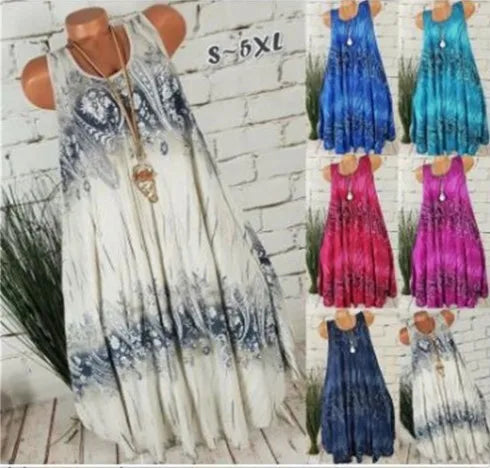 Elegant Floral Printed Lace Stitching O-Neck Sleeveless Women Summer Loose Tank Dress 2024