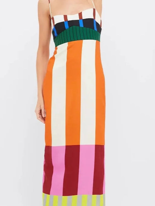 Women's Long Striped Colorful Spaghetti Strap Maxi Dress