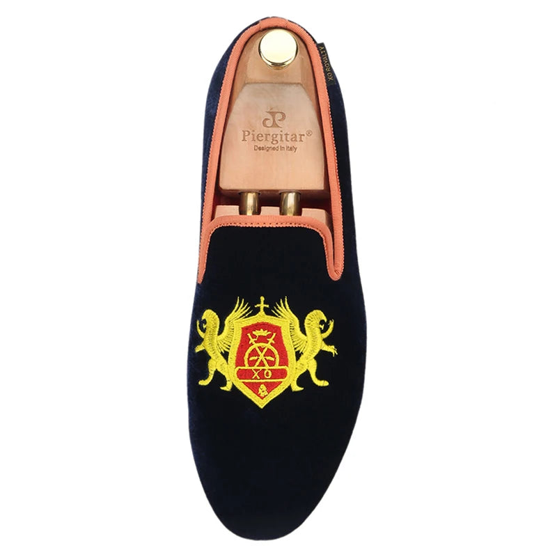 Piergitar British Style Embroidery Navy Velvet Shoes With Gold Outsole Handmade Men Loafers Slip-On Smoking Slippers For Party