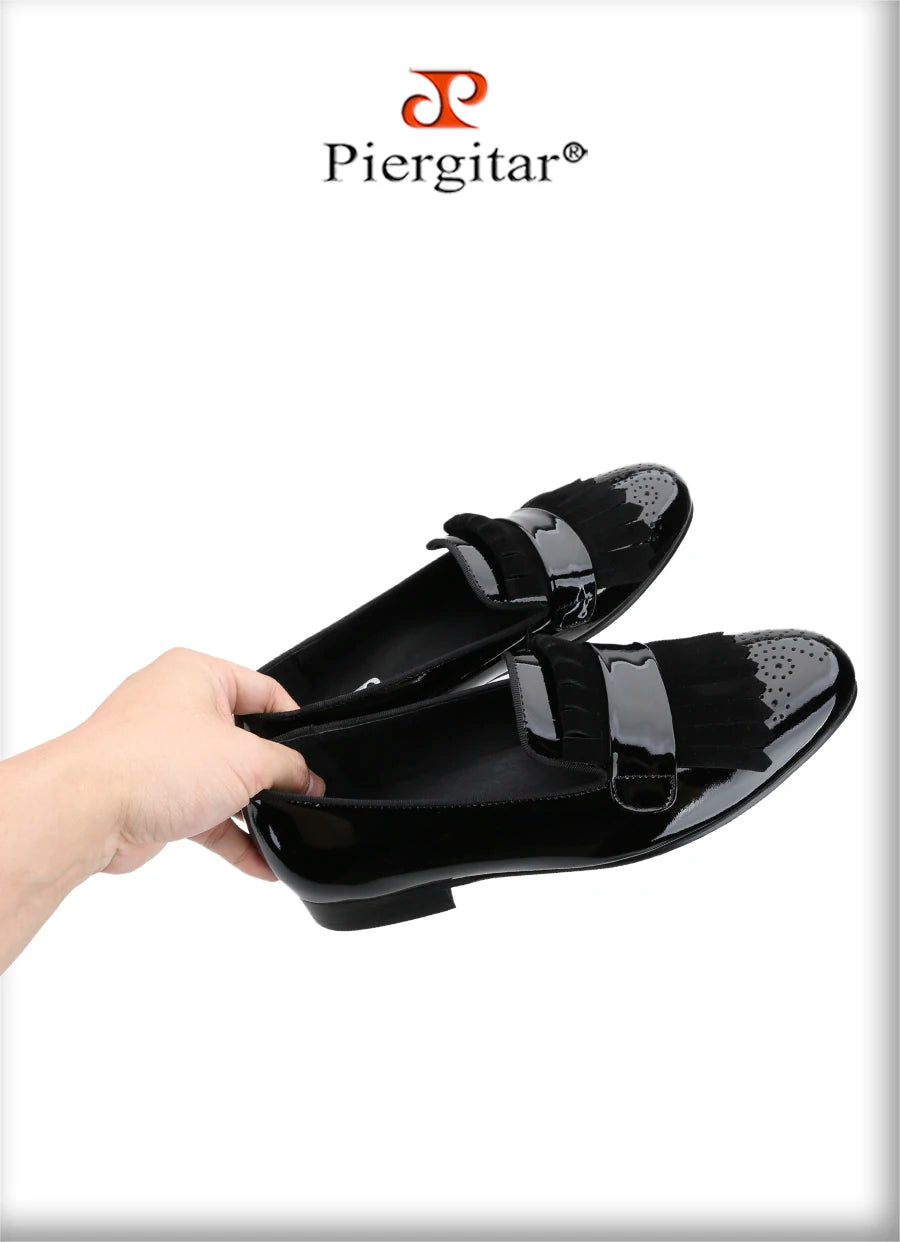 Piergitar New Style Handmade Patent Leather Shoes With Classical Brogue Printing And Suede Fringe Party/Wedding Men's Loafers