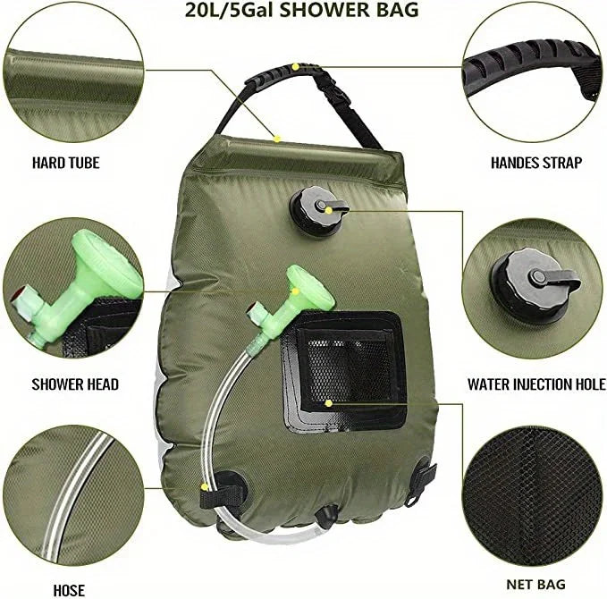 5-gallon solar-heated camping shower bag